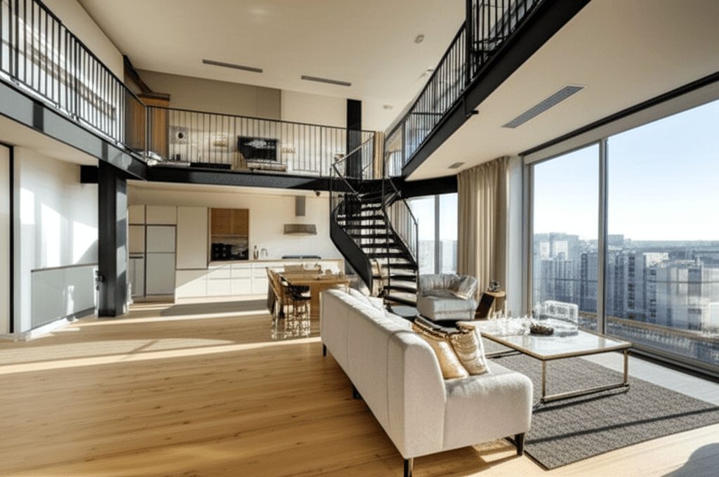 Yüksek tavanlı geniş pencereleri ve endüstriyel tasarımıyla öne çıkan loft daire konseptinde ferah salon.