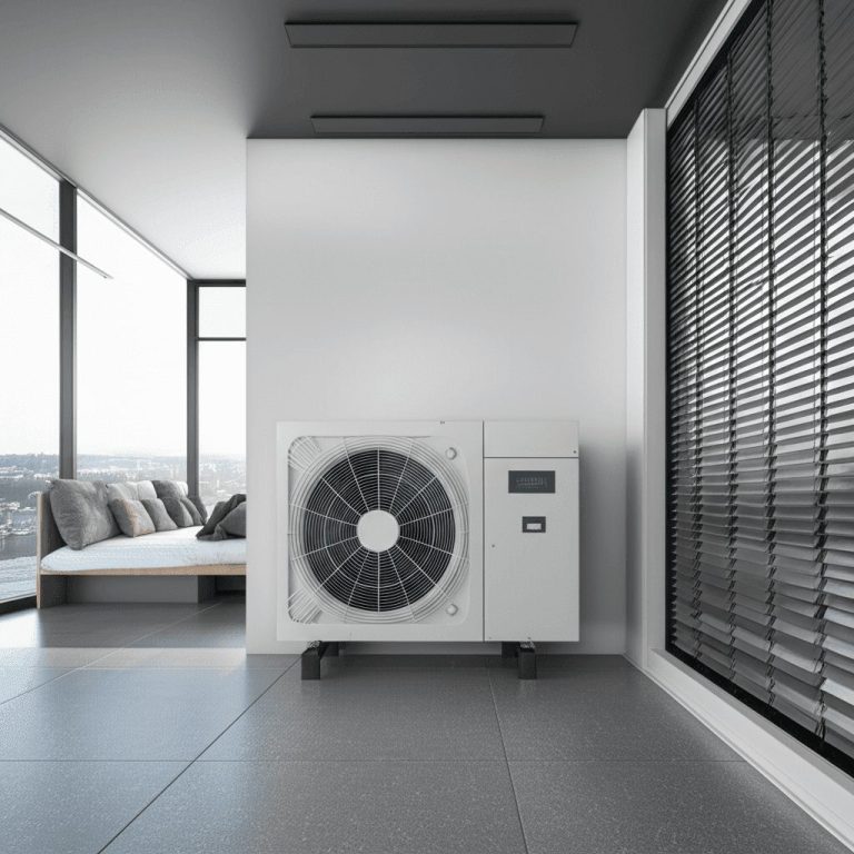 Düşük elektrik tüketimiyle konutu ısıtan çevre dostu ısı pompası nedir ünitesi ve dış mekan montajı.