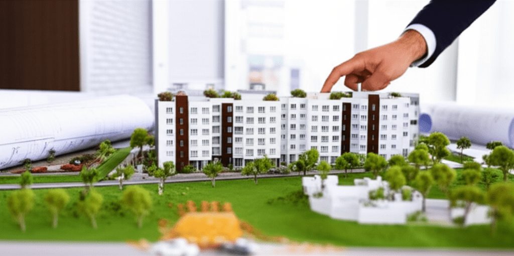 İnşaat aşamasındaki konut projesi maketi ve kat planı incelemesi.