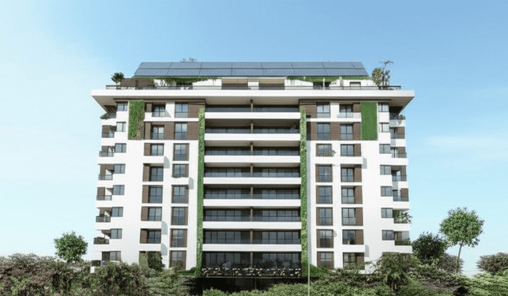 Enerji tasarruflu yalıtımı ve güneş panellerini barındıran çevre dostu yeşil binalar modern yerleşke tasarımı.