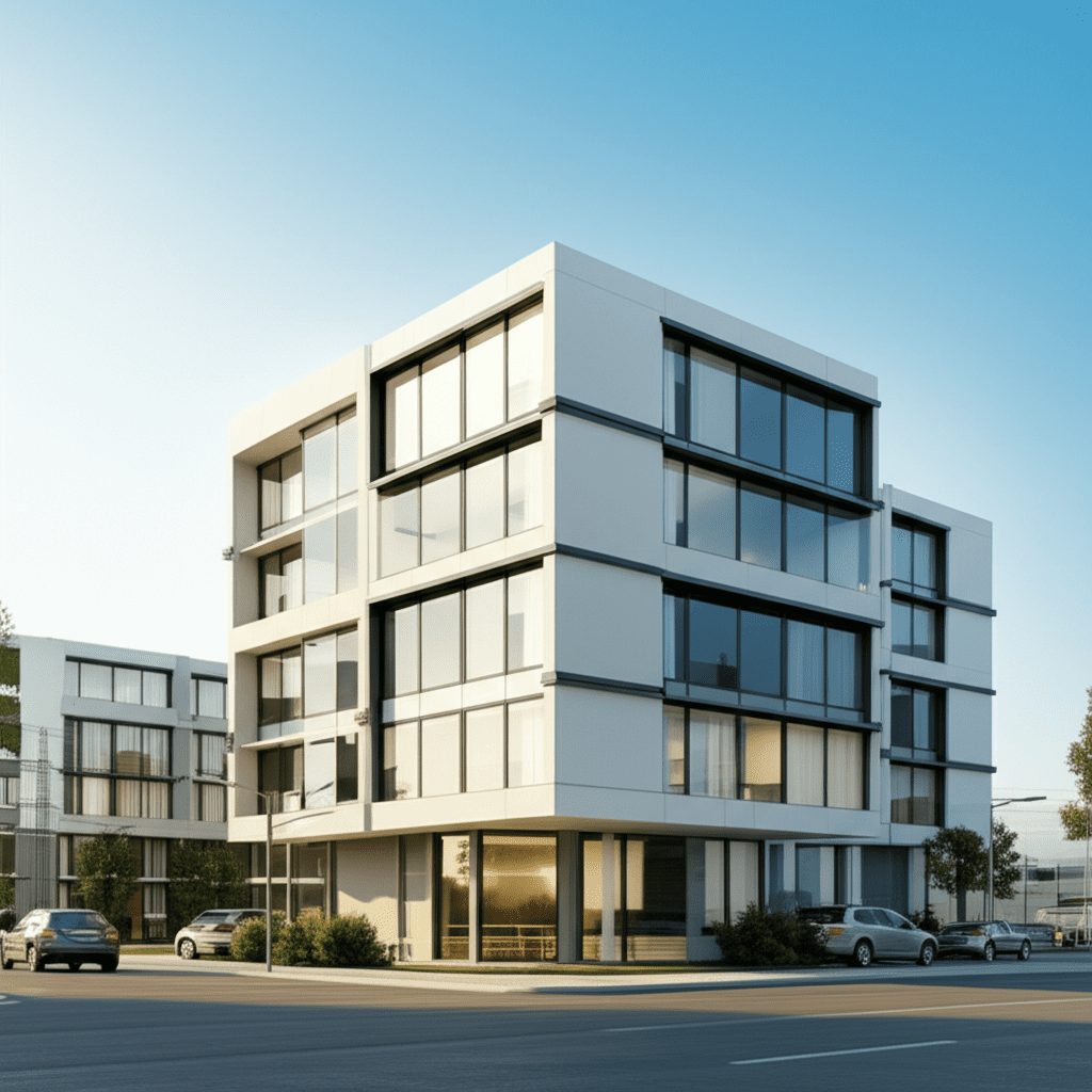 Kentsel dönüşümde hızlı kurulum sağlayan modern modüler çelik yapı.