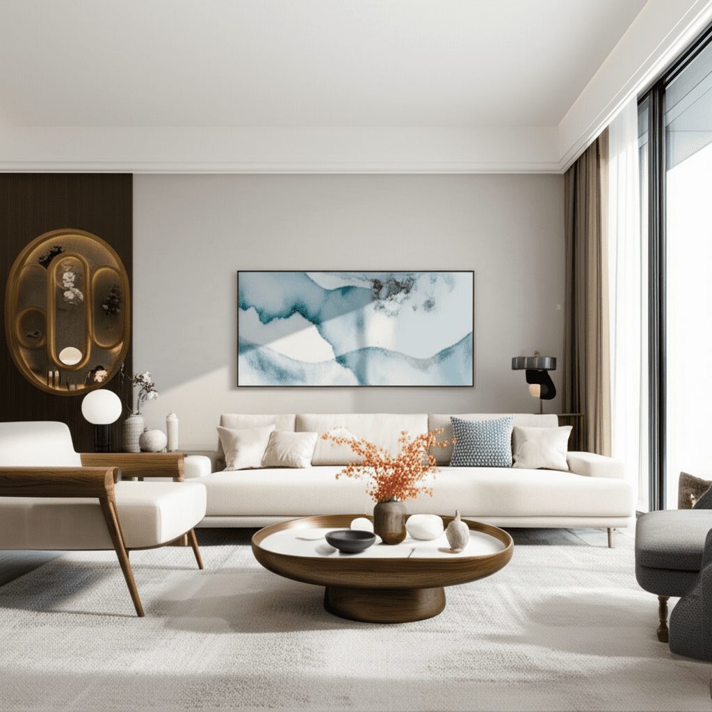 Doğal ışık alan dengeli salon yerleşimiyle feng shui ev dekorasyonu kurallarını yansıtan oturma alanı.
