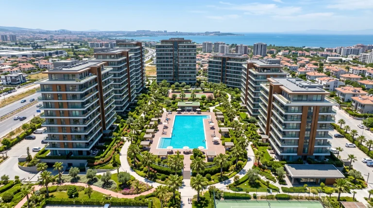 Çiğli Ataşehir satılık daire modern güvenlikli havuzlu site yerleşimi
