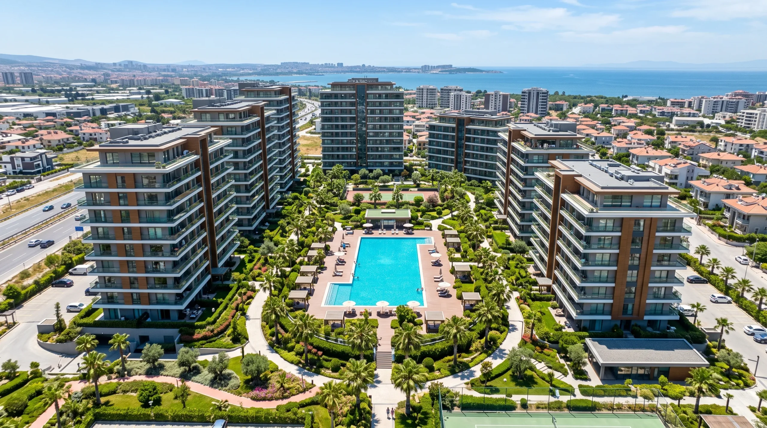 Çiğli Ataşehir satılık daire modern güvenlikli havuzlu site yerleşimi