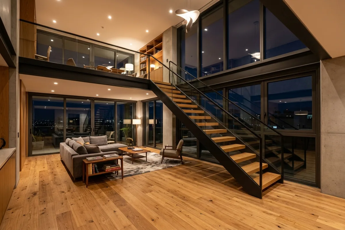 Ters dubleks daire modelinde alt ve üst katı birleştiren galeri boşluklu merdiven sistemi