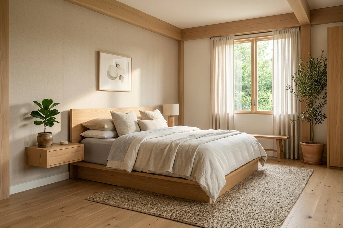 Feng shui ev felsefesinde dengeli yatak odası tasarımı ve ahşap dokular
