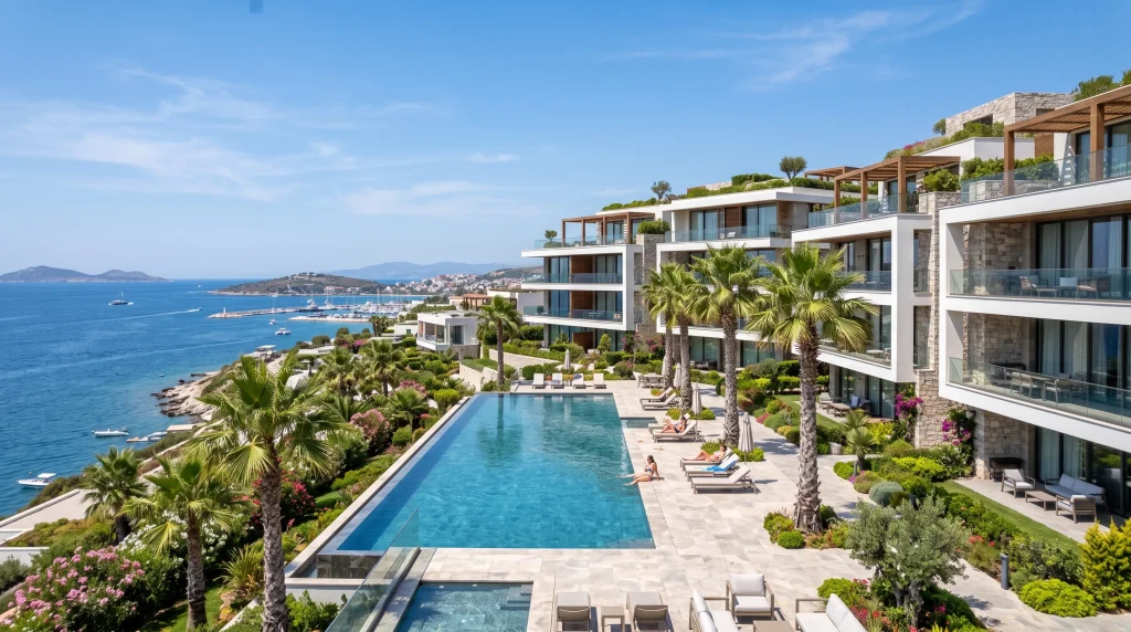 Deniz kıyısında havuzlu yeni konut sitesi