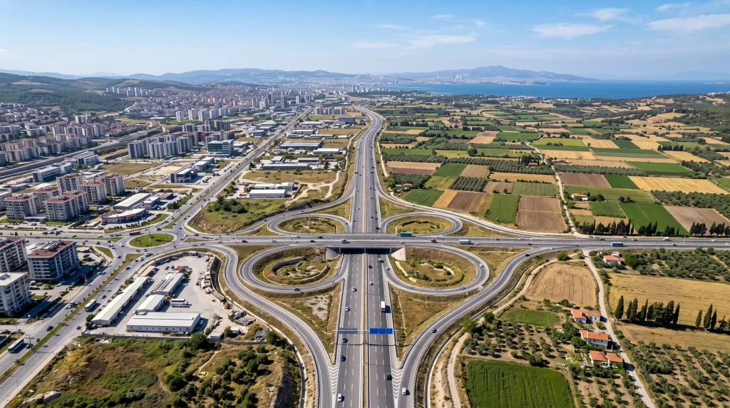 Tarım arazileri ile yerleşim alanı arasından geçen otoyol kavşağının havadan görünümü