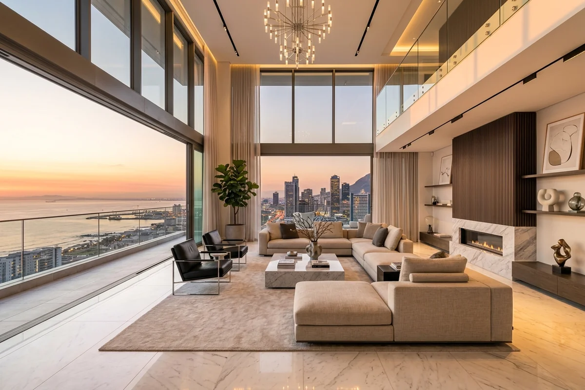 Lüks çatı katı mimarisinde penthouse daire nedir ve panoramik şehir manzaralı salon