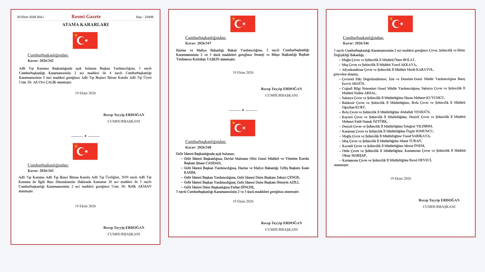 20 Ekim 2026 Resmi Gazete Sayi 33406 Cumhurbaskanligi Atama Kararlari 2026/342-355