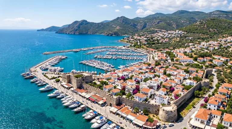 Seferihisar satılık yazlık arayışında Sığacık Kaleiçi ve Teos Marina panoramik görünümü