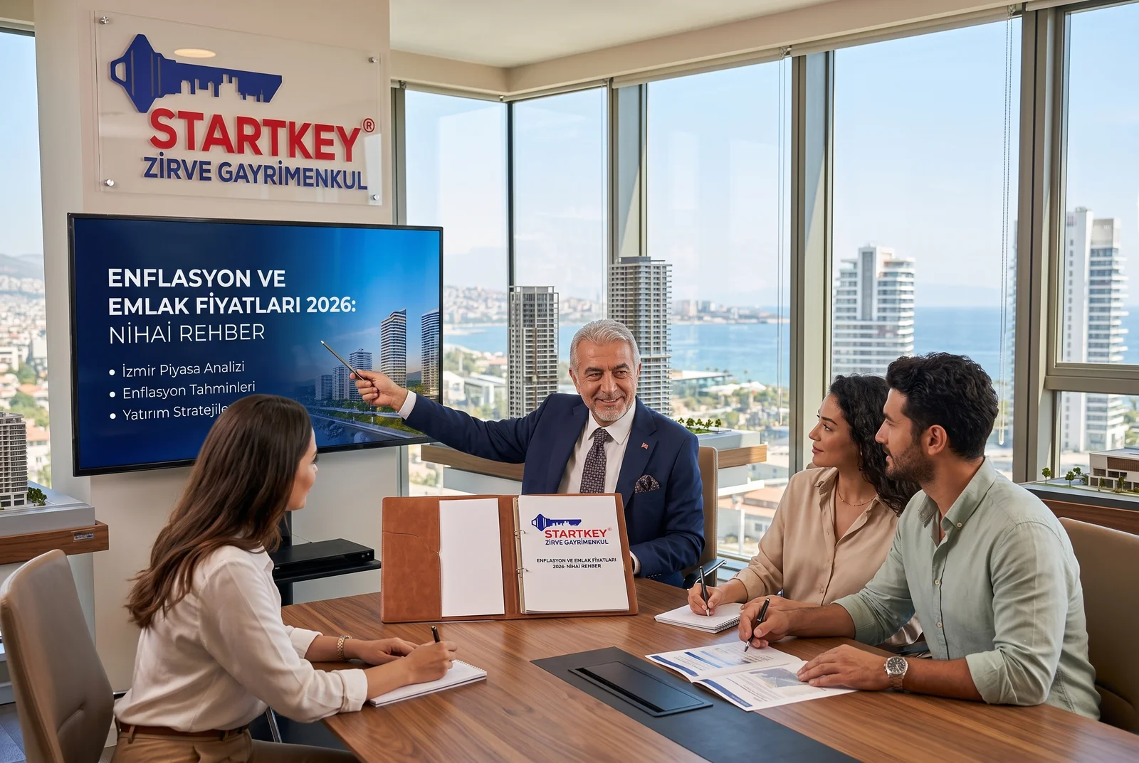Startkey Zirve Gayrimenkul İzmir ofisinde Enflasyon ve Emlak Fiyatları 2026: Nihai Rehber danışmanlık toplantısı